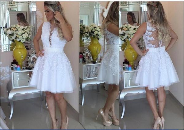 

white lace 2020 a line homecoming dresses deep v neck pearls illusion back applique pleats ruffles cocktail party gowns short prom dresses, Red