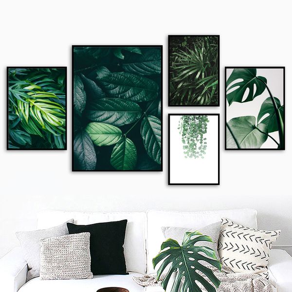 

modern fresh dark green leaves canvas painting green plant picture poster and print home wall art decoration for living room