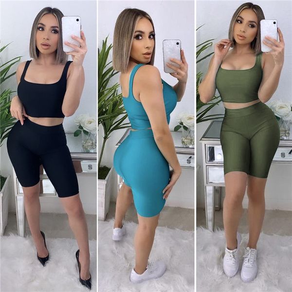 

women sports suit sleeveless strap crop high waist biker shorts pants workout clothes tracksuit outfit 2020, Gray