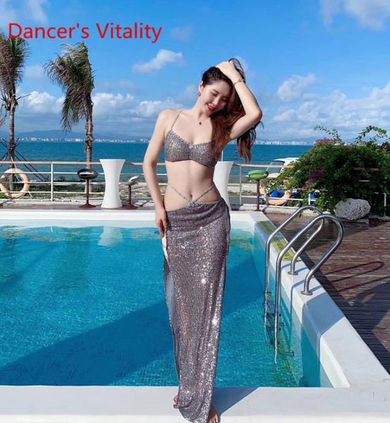 

stage wear belly dance suit set exquisite crystal beads covering professional performance costume cutout practice clothing, Black;red