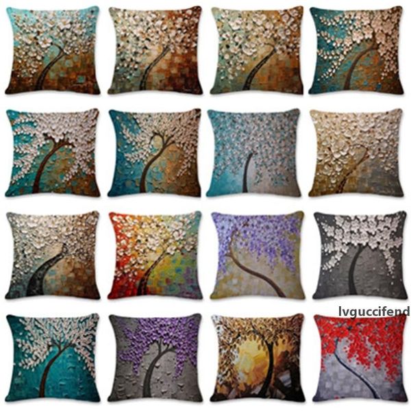 

three dimensional oil painting pillow case automobile waist cushion tree flower cotton and linen cover factory direct selling 4 8hs p1
