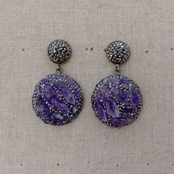 

women's 28mm purple gems rough black crystal pave earrings, Golden
