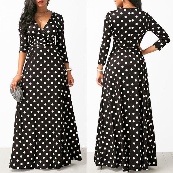 

skirts 2020 new brand women v neck long casual polka dot zippers ladies long sleeve party maxi skirts, Black