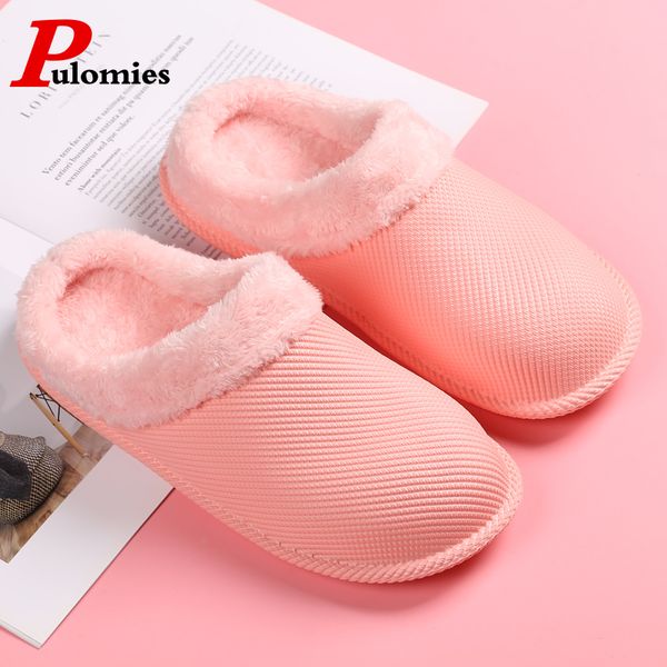 

pulomies women men slippers ladies slippers winter warm indoor fur casual plush couple house, Black