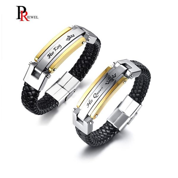 

her king his queen couple bracelet for women men black genuine leather crown charm bracelet bangle promise love dating jewelry, Golden;silver