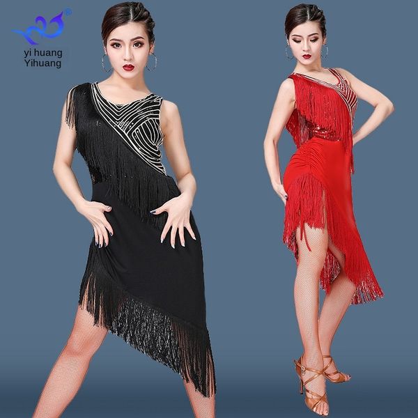 

new latin formal dressdance dress stage performance costume women's sequined tassel latin dance dress practice suit, Black;red