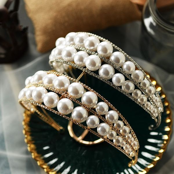 Koreanische Perlen Stirnband Hochzeit Braut Haarband Krone Tiara Kristall Strass Doppel Perle Haar Zubehör Bänder Frauen Mode Kopfschmuck Ornament Silber Gold