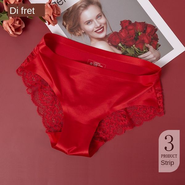 

b22kz red underwear women's ice silk year big red cotton crotch lace mesh zodiac rat mid-year underwear net lace screen low waist hollo, Black;white