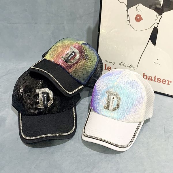 

female sunscreen net colorful sequins baseball fashion all-match rhinestone d baseball cap hat rhinestone hat letter ins cap, Blue;gray