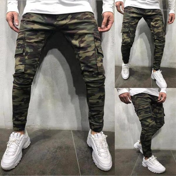 

high street fashion big pockets striped zipper design slim jean pants mens camouflage pencil designer jeans men, Blue