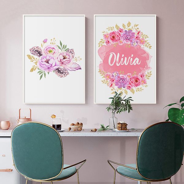 

personalized girl's name custom poster and prints pink flowers wall art canvas painting pictures for girls kid room baby room