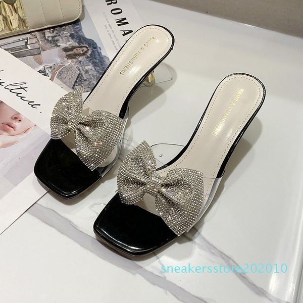 

lucyever crystal bowknot pvc slippers women thin heels slip on summer sandasl female fashion rhinestone transparent slides s10, Black