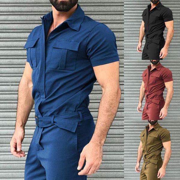 

men's tracksuits 2021 multicolor casual fashion cotton blends jumpsuit short sleeve rompers overall zipper romper pocket trousers, Gray