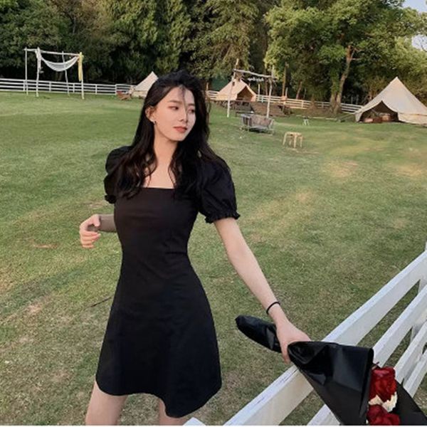 

2020 летний новый французский хепберн талии slimming небольшой квадратный воротник высокой талии платье пузырь рукав платья для женщин, Black;gray