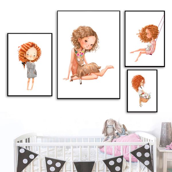 

cute girl with curly hair hand drawn wall art picture posters and prints on canvas nordic style kids girl room home decor