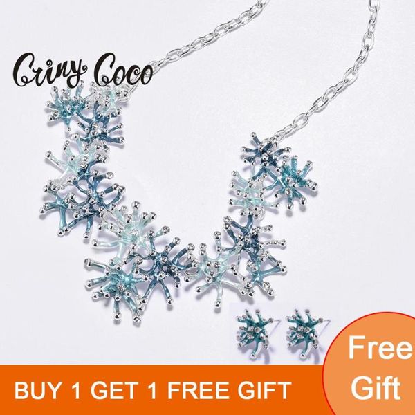 

cring coco 2020 new arrival unique design coral shape necklaces for women female trendy blue enamel alloy choker necklace girls, Silver