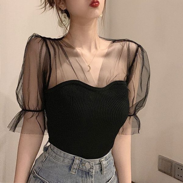 

korean style mesh sweater stitching hollow-out sweater women's v-neck mid-sleeve mesh top, White;black