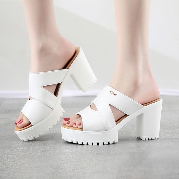 

slippers plus size 32-43 block heel platform shoes women summer 2021 high heels slides ladies wedding silver red, Black