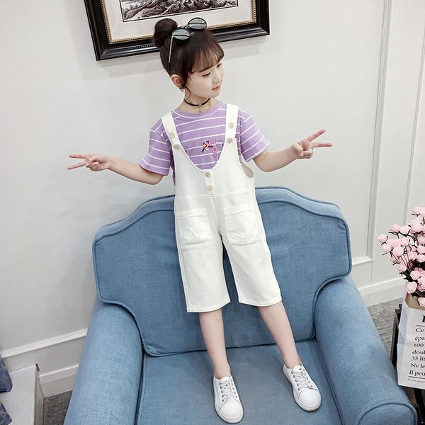 

girls' suspender 2020 new sling sling summer cotton five-point suspender pants fashionable girls solid color jumpsuit pants, Blue