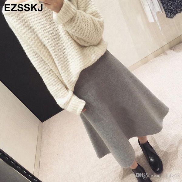 

hj women thick sweater umbrella skirt high waist midi knitted skirt a-line female solid elegant skirts, Black