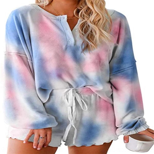 

2020 new women's two-piece suit summer tie-dyed clothes home clothes home furnishing clothing printed long sleeve pajamas, Blue;red
