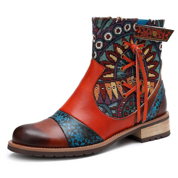 

the united states 2020 new tassel leather retro printing women's leather jacquard flat bottom women's boots jeans boots, Black