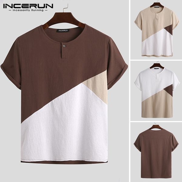 

incerun men summer patchwork t shirts short sleeve o neck casual cotton blouse vintage loose harajuku streetwear t-shirts, White;black