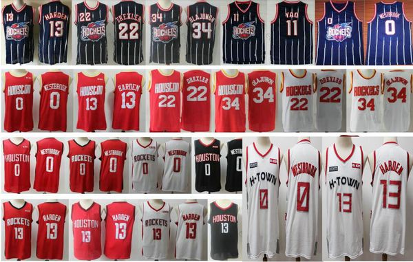 

2020 new houstonrocktes james 13 harden jersey russell 0 westbrook red white clyde 22 drexler hakeem 34 olajuwon basketball jerseys shirts, Black