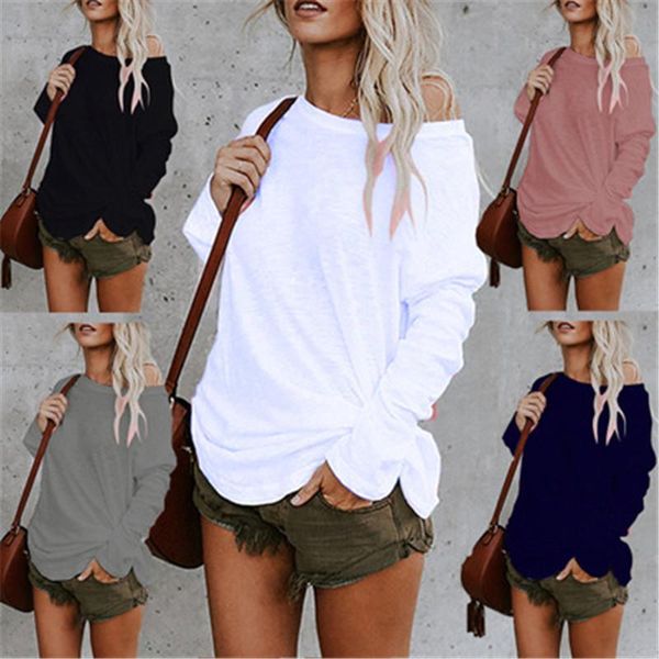 

women irregular t-shirt fashion trend pure color mid-length tee clothes comfortable designer female long sleeve casual round neck tshirt, White