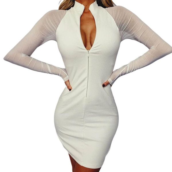 

2020 women summer dresses mesh long sleeve dress female solid color splicing ribbed zipper stand collar bodycon mini dress, Black;gray
