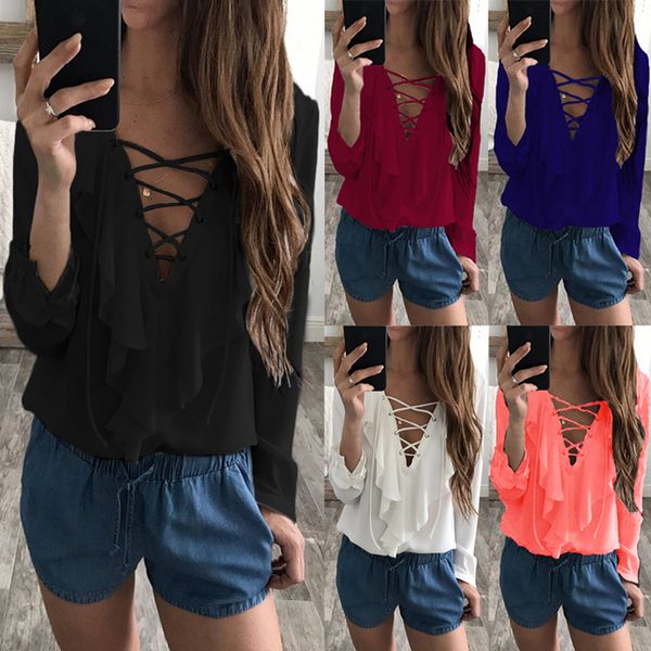 

womens summer blouse 2020 chiffon blouse lace up v neck ruffle long sleeve shirt casual plus size blusa feminina, White