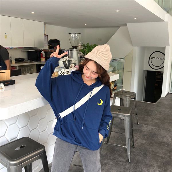 

women elegant korean style hoodie navy blue ladies streetwear hooded sweatshirt autumn warm clothes pullover 2020, Black
