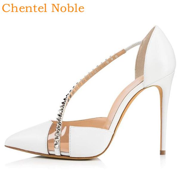 

chentel pvc leather high heels rivet spring woman luxurious party dress shoes for women pumps black white color big size