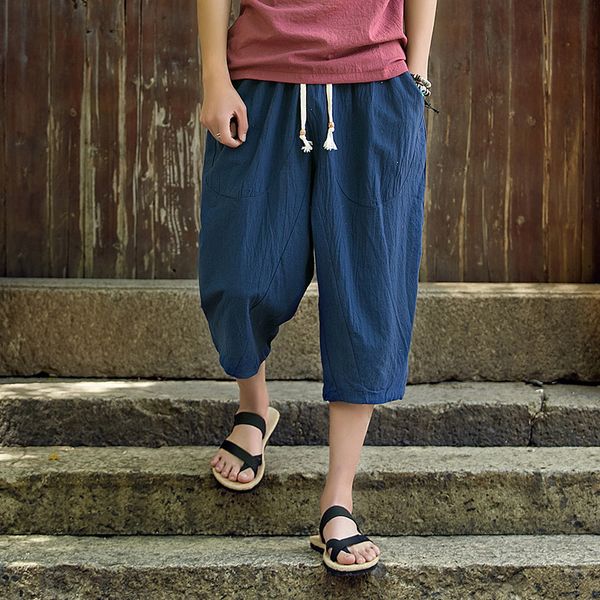 

summer men lightweight pant solid cotton linen harem calf-length pants chinese style pocket hip hop trousers loose bottoms m-4xl, Black