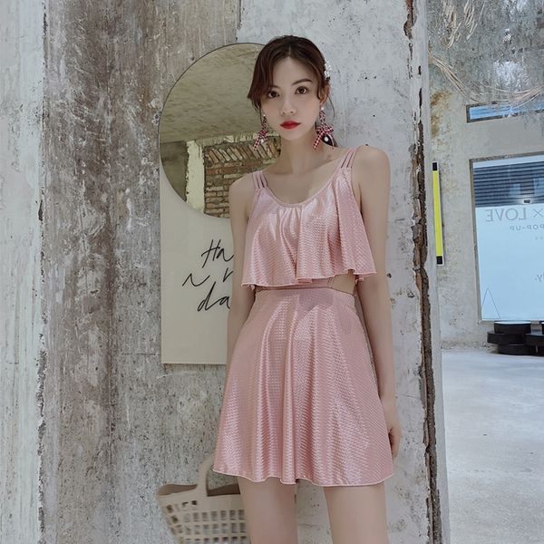 

2020 new one-piece for women conservative solid color japanese and korean skirt swimsuit spring swimsuit for women, White;black