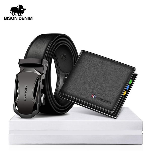 

bison denim genuine leather men belt wallet gift set business automatic belt card holder cow leather wallet for friend gift box, Black;brown