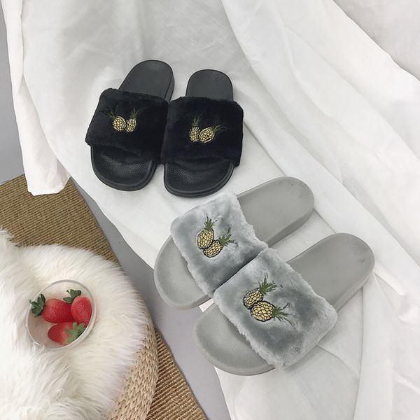 

women slipper korean version pineapple print kid suede flip-flops casual soft sole non-slip slides 2020 winter indoor shoes, Black