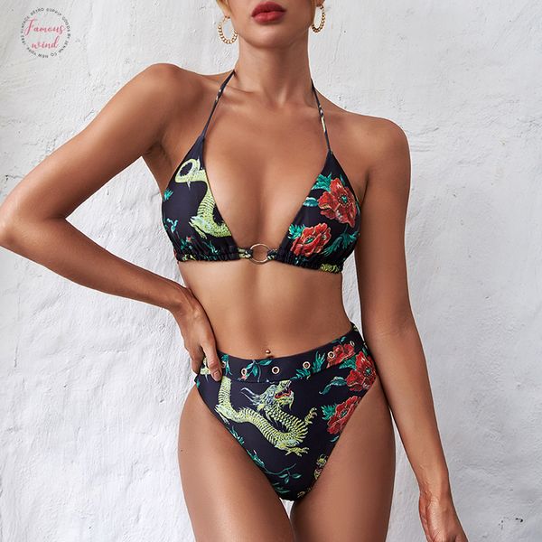 

misswim high waist bikini set dragon swimsuit female floral print triangle swimwear women 2020 ring swim suit suit, White;black