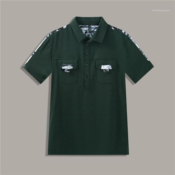 

street button fashion casual mens green patchwork summer polos man lapel neck short sleeve pocket tees men high, White;black