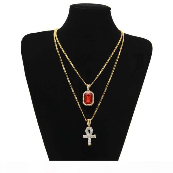 

egyptian ankh key of life bling rhinestone cross pendant with red ruby pendant necklace set men fashion hip hop jewelry, Silver