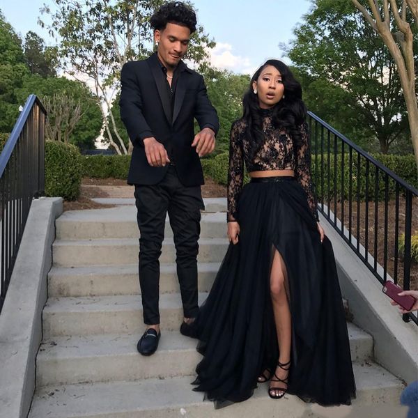

prom dresses 2020 formal evening dress party pageant gowns african two pieces long sleeve high neck front split black girl coupl, White;black