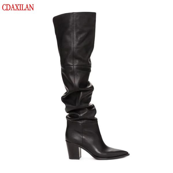 

cdaxilan new to over-knee boots women genuine cow leather pointed toe pleated slip-on ladies high-heel thigh boots winter, Black