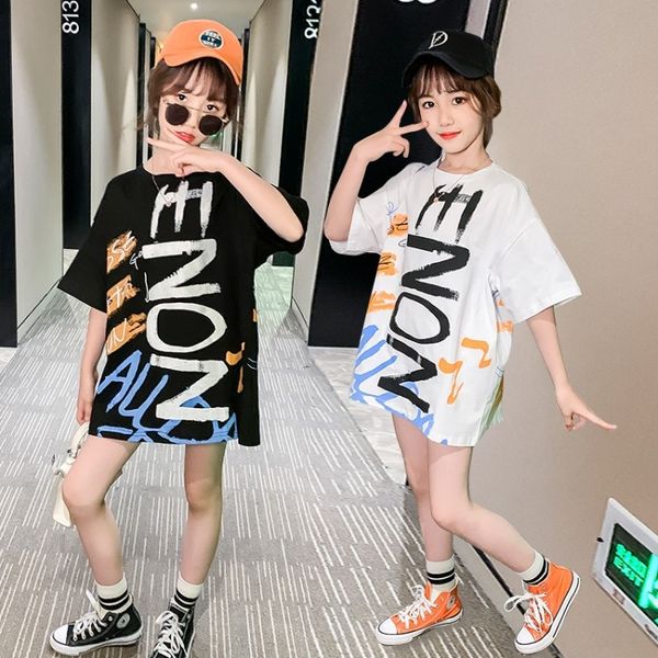 

hg73j 2020 new girls' medium t-shir and large children graffii girls' loose korean syle girls' medium and long t-shir short s, Blue