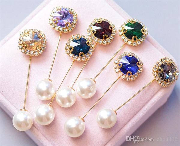 

new gem pearl essence men's and women's crystal one-line pin brooch clasp scarf clasp neckline brooch, Gray