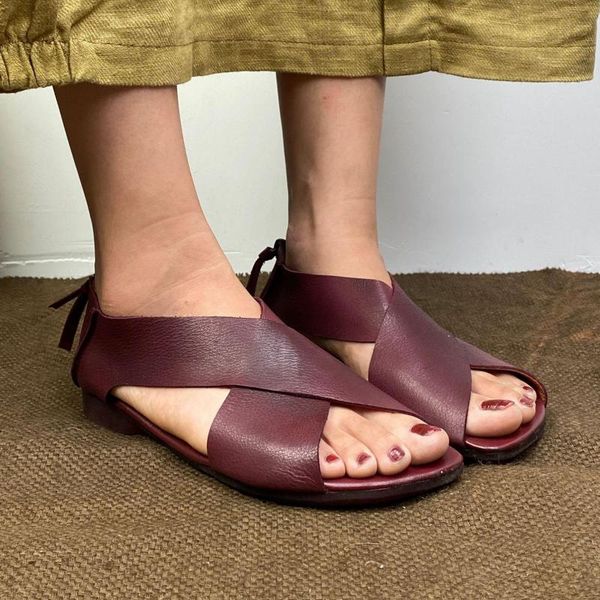 

yourseason women back zipper sandals 2020 new genuine leather retro sewing casual handmade ladies casual summer shoes flat with, Black