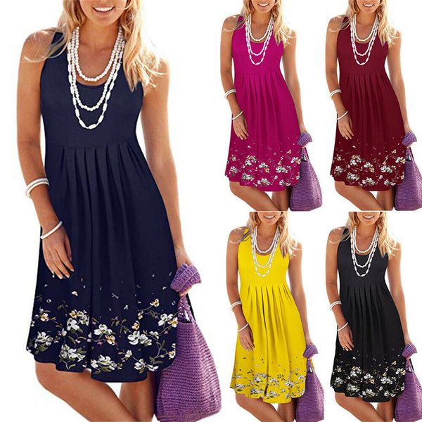 

2020 fashion new women summer bohemian o-neck sleeveless a-line swing dress casual tunic plus size knee length loose sundress, Black;gray
