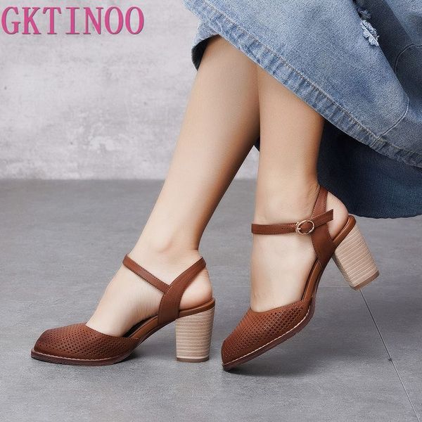 

gktinoo 2020 пип toes женская обувь сандалии из натуральной кожи блочные пятки сандалии лодыжки ремень пряжка ручной работы ретро леди на вы, Black