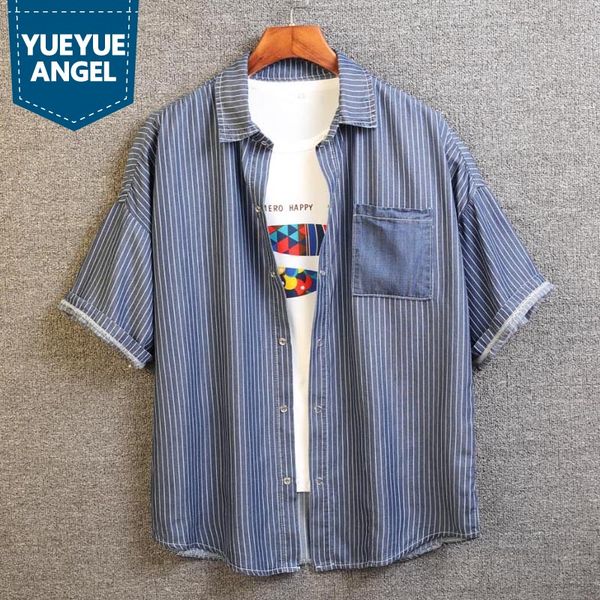 

летние мужские casual джинсовая рубашка нагрудные воротник короткий рукав полосатые рубашки мода уличная сорочка homme slim fit man jean top, White;black