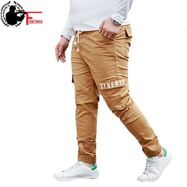 

men plus size cargo pants tide fat leisure trouser elastic waist tall male jogger baggy loose slim leg blue khaki big size 42 44, Black