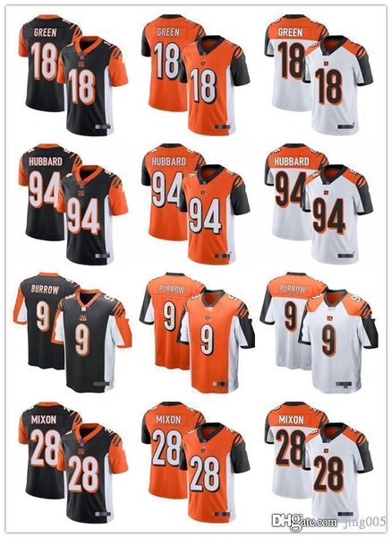 

mens womens youth cincinnati bengals 18 a.j. green 9 joe burrow 28 joe mixon 94 sam hubbard custom football jerseys, Black;red